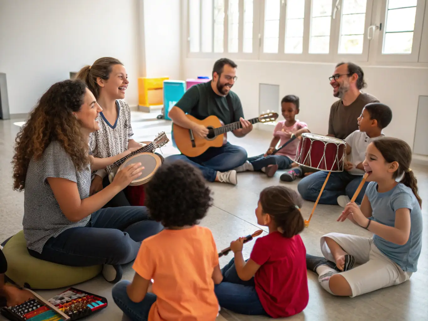 A vibrant scene from a MUSIQUE ET CIE organized music workshop, showing children and adults participating in a drumming session, with various musical instruments around and a facilitator guiding the participants.
