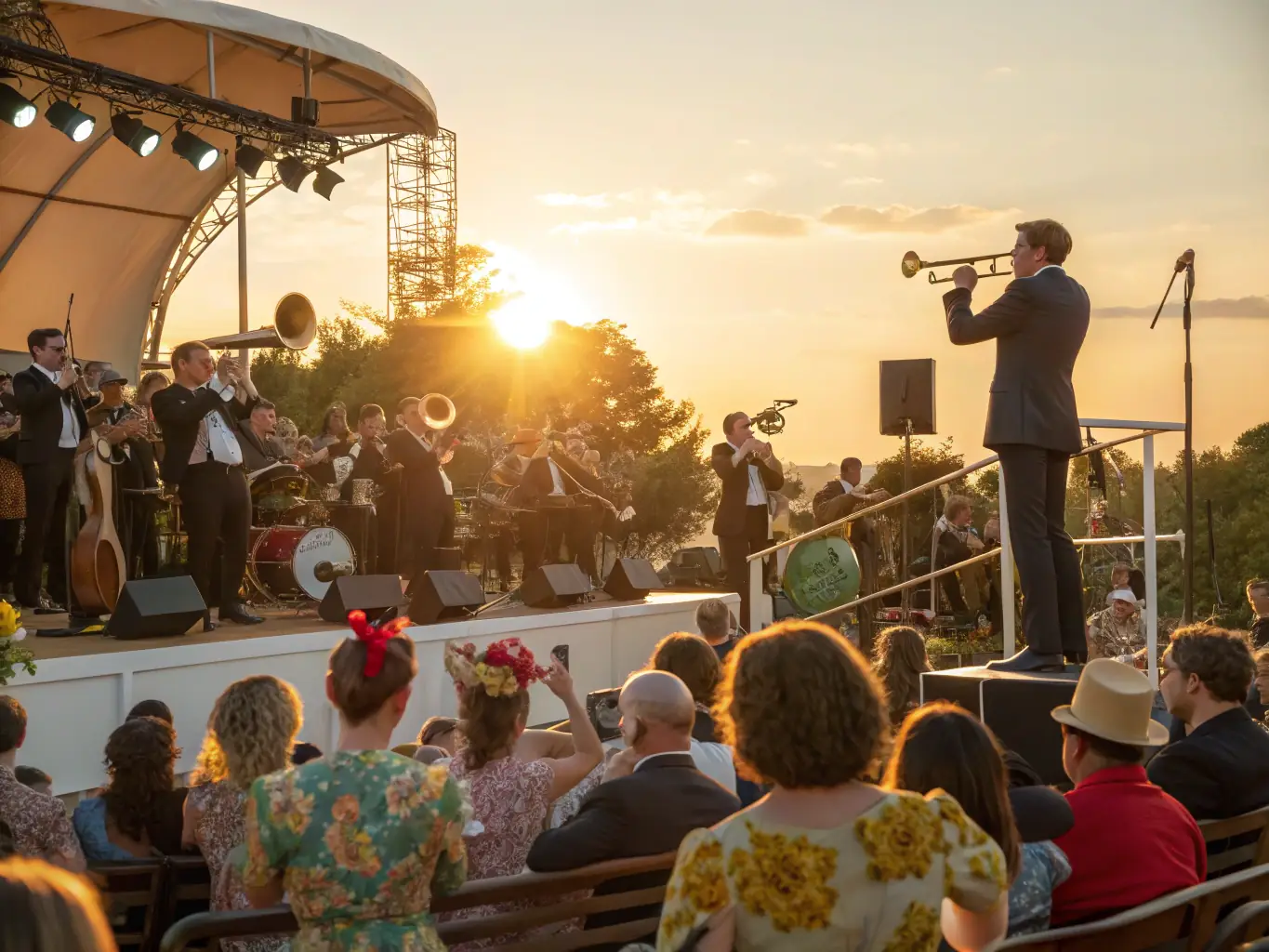 A dynamic image of a MUSIQUE ET CIE-sponsored concert in a local park, featuring a diverse group of musicians on stage and an enthusiastic audience enjoying the performance.