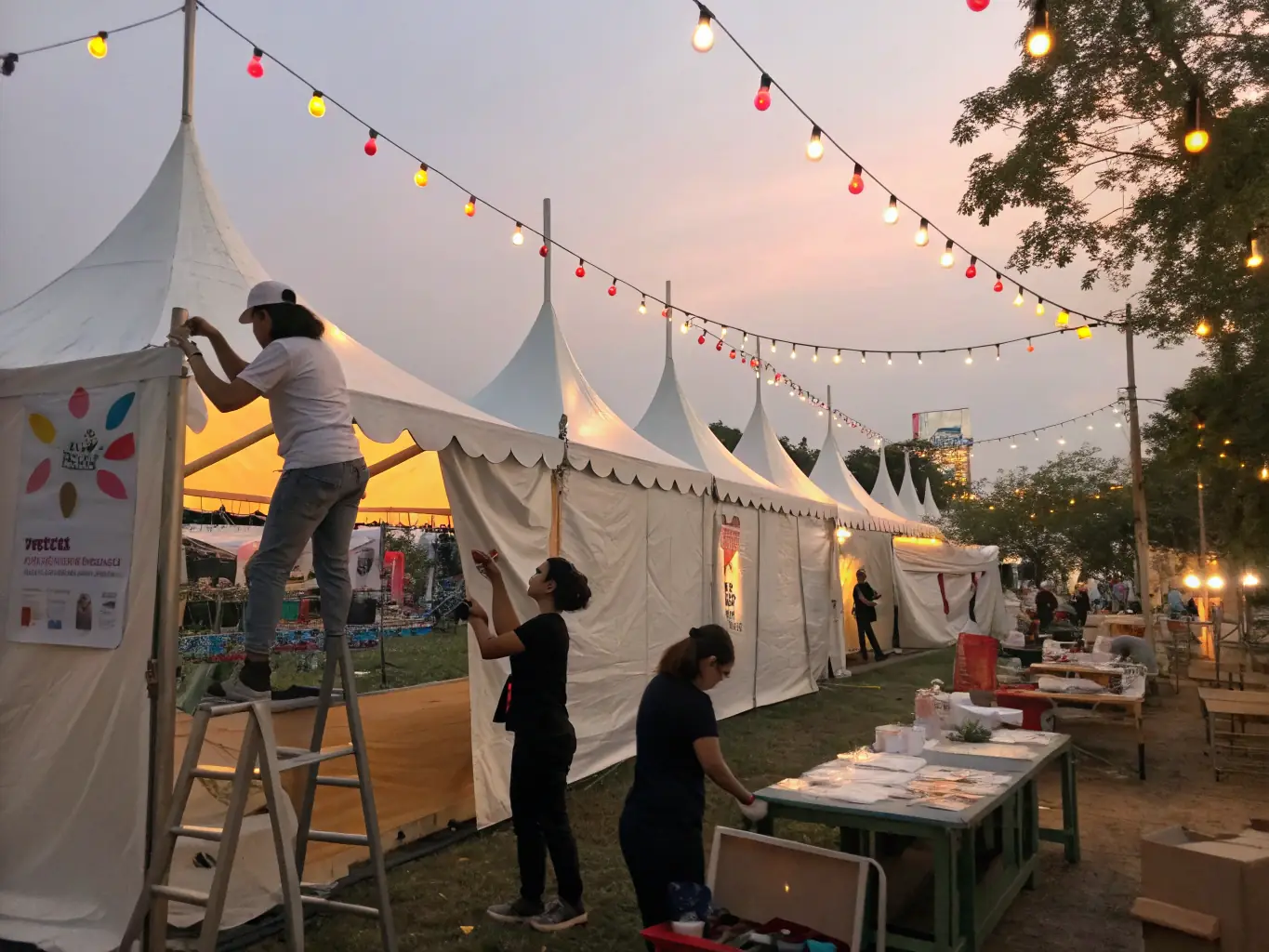 A photograph capturing a MUSIQUE ET CIE volunteer helping set up for a cultural festival, showing the collaborative effort and community spirit behind the event.