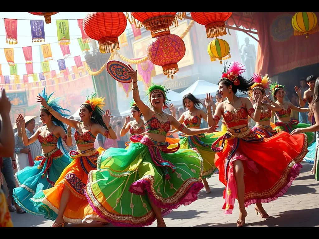A dynamic image of a cultural exchange event hosted by MUSIQUE ET CIE, showcasing traditional music and dance from different countries.