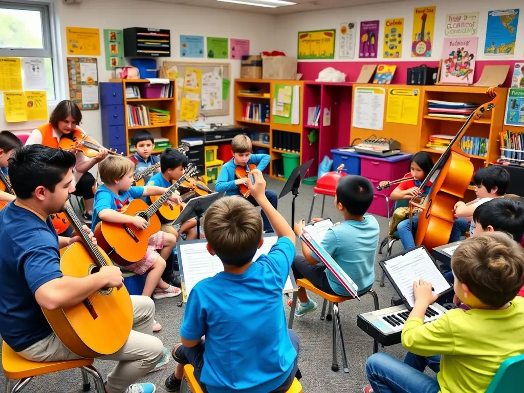 A photo of a MUSIQUE ET CIE workshop where children are learning to play musical instruments, guided by experienced instructors.