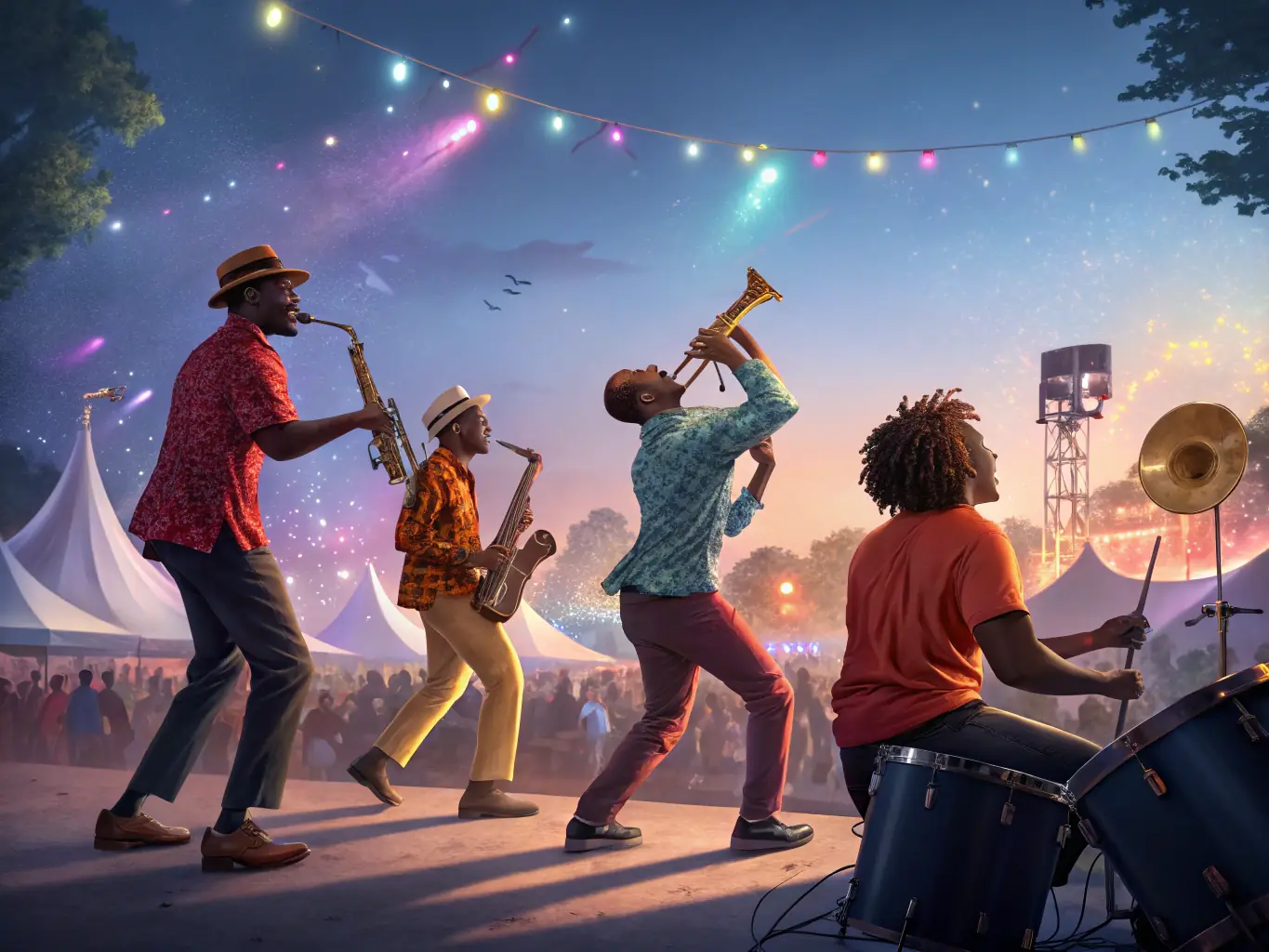 A vibrant image of a community music festival organized by MUSIQUE ET CIE, featuring diverse performers and enthusiastic attendees.
